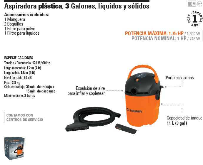 Aspiradora Sopladora de Sólidos y Líquidos Truper Plástica 16 galones