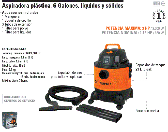 Aspiradora de sólidos y líquidos de 3 gal, plástica, Truper